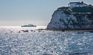 Historic excursion boat off the cliffs of Freshwater Bay, Freshwater, Isle of Wight, Hampshire, Great Britain, England