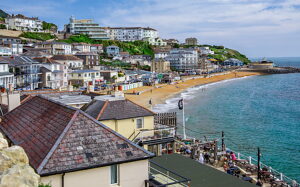 View of a village with bathing bay, seaside resort Ventnor, Isle of Wight, Hampshire, Great Britain, England