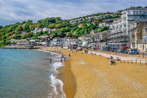 Bathing beach with promenade in the seaside resort of Ventnor, Isle of Wight, Hampshire, Great Britain, England