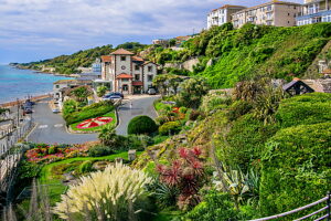 Flower slope with beach cove in the seaside resort of Ventnor, Isle of Wight, Hampshire, Great Britain, England