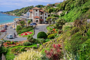 Flower slope with beach cove in the seaside resort of Ventnor, Isle of Wight, Hampshire, Great Britain, England