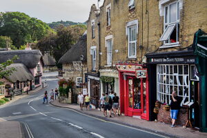 High Street with typical stores in the district of Old Village, Shanklin, Isle of Wight, Hampshire, Great Britain, England