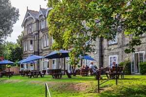 Historic Daish`s Hotel with terrace in the Old Village of Shanklin, Isle of Wight, Hampshire, Great Britain, England