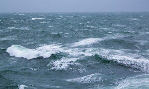 Stormy North Sea with high waves and spray