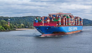 Container ship off the banks of the Elbe near Wittenbergen-Strand, Hamburg, Elbe, Land Hamburg, Germany