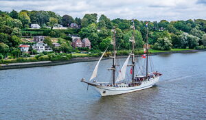 Sailing ship, windjammer on the Elbe with the Elbe high bank, Hamburg, Elbe, Land Hamburg, Germany