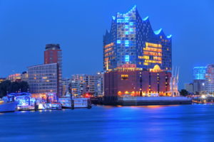 Elbphilharmonie on the Elbe island Grasbrook in Hafencity at the harbor, Hamburg, Hamburg State, Germany, dusk Elbphilharmonie on the Elbe island Grasbrook in Hafencity at the harbor, Hamburg, Hamburg State, Germany, dusk
