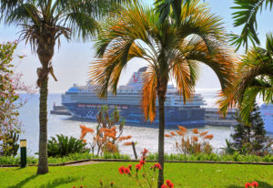 View from Santa Catarina Park on the harbor with cruise ship 'Mein Schiff 2', Funchal, Madeira Island, Portugal View from Santa Catarina Park on the harbor with cruise ship 'Mein Schiff 2', Funchal, Madeira Island, Portugal