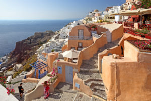 Village view on the slope of the cliff coast, Ia, (Oia), Santorin, (Thira), Cyclades, Aegean Islands, Aegean Sea, Greece Village view on the slope of the cliff coast, Ia, (Oia), Santorin, (Thira), Cyclades, Aegean Islands, Aegean Sea, Greece