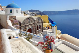 Church on the hillside above the Caldera, Ia, (Oia), Santorin, (Thira), Cyclades, Aegean Islands, Aegean Sea, Greece Church on the hillside above the Caldera, Ia, (Oia), Santorin, (Thira), Cyclades, Aegean Islands, Aegean Sea, Greece