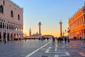 Piazzetta with Doge's Palace and San Giorgio Island, Venice, Veneto, Italy, UNESCO World Heritage Site, early morning sun Piazzetta with Doge's Palace and San Giorgio Island, Venice, Veneto, Italy, UNESCO World Heritage Site, early morning sun