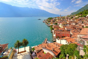 Panorama of the town on the lakeshore, Limone sul Garda, Lake Garda, Lombardy, Northern Italy, Italy