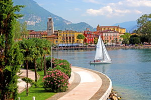 Lake promenade and waterfront of the town, Riva del Garda, Lake Garda, Lombardy, Northern Italy, Italy