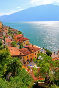 Partial view of the town on the lakeshore, Limone sul Garda, Lake Garda, Lombardy, Northern Italy, Italy