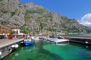 Lake promenade with marina, Limone sul Garda, Lake Garda, Lombardy, northern Italy, Italy