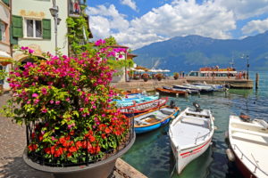 Old boat harbor in the town center, Limone sul Garda, Lake Garda, Lombardy, Northern Italy, Italy