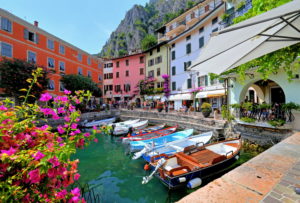 Old boat harbor in the town center, Limone sul Garda, Lake Garda, Lombardy, Northern Italy, Italy