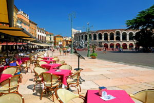 Piazza Bra with street cafes and the Arena di Verona, Verona, Veneto, northern Italy, Italy