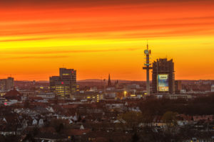 Hannover, town overview in the sundown of the town park hotel in the HCC Hannover, town overview in the sundown of the town park hotel in the HCC
