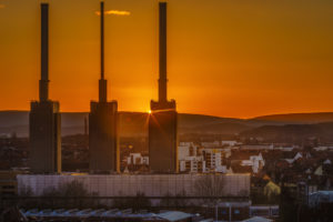 Hannover, combined heat and power station Linden in the sundown Hannover, combined heat and power station Linden in the sundown