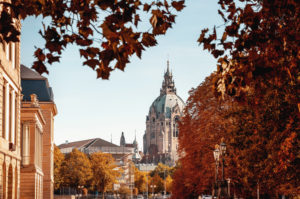 Autumn view of the New Hanover City Hall, seen from the Hohe Ufer in the old town Autumn view of the New Hanover City Hall, seen from the Hohe Ufer in the old town