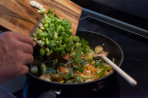Harvesting aubergines and cooking them vegetarian: healthy and sustainable nutrition from your own garden. Preparation of a vegetable sauce with eggplant, carrots and spring onions Harvesting aubergines and cooking them vegetarian: healthy and sustainable nutrition from your own garden. Preparation of a vegetable sauce with eggplant, carrots and spring onions