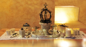 Christmas table decoration with fairy lights and candles Christmas table decoration with fairy lights and candles