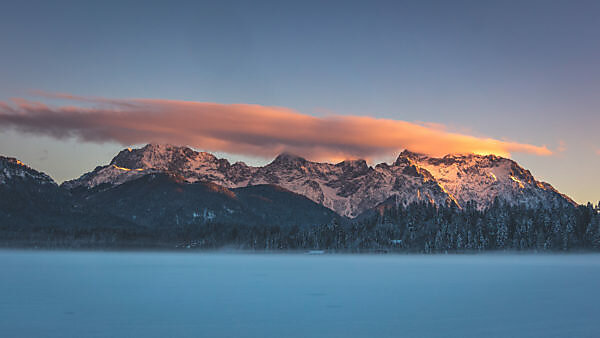 View above snow-covered Barmsee to the Karwendel mountains, Mittenwald, Werdenfelser Land, district Garmisch-Partenkirchen, Bavaria, Germany View above snow-covered Barmsee to the Karwendel mountains, Mittenwald, Werdenfelser Land, district Garmisch-Partenkirchen, Bavaria, Germany