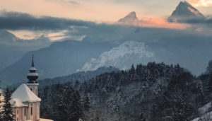 Winter landscape with church Maria Gern and Watzmann, district Berchtesgaden, Bavaria, Germany Winter landscape with church Maria Gern and Watzmann, district Berchtesgaden, Bavaria, Germany