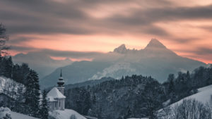 Winter landscape with church Maria Gern and Watzmann, district Berchtesgaden, Bavaria, Germany Winter landscape with church Maria Gern and Watzmann, district Berchtesgaden, Bavaria, Germany