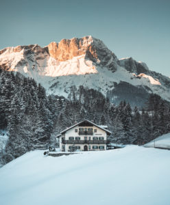 Farm in front of Hoher Göll in winter, district Berchtesgaden, Bavaria, Germany Farm in front of Hoher Göll in winter, district Berchtesgaden, Bavaria, Germany