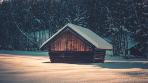 Snow-covered wooden hut at the Barmsee, near Mittenwald, Werdenfelser Land, district Garmisch-Partenkirchen, Bavaria, Germany Snow-covered wooden hut at the Barmsee, near Mittenwald, Werdenfelser Land, district Garmisch-Partenkirchen, Bavaria, Germany