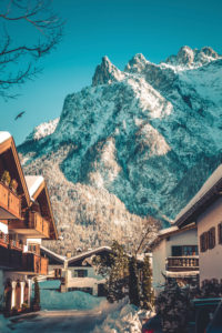 Village view in front of Viererspitze, Mittenwald, Karwendel, district Garmisch-Partenkirchen, Bavaria, Germany Village view in front of Viererspitze, Mittenwald, Karwendel, district Garmisch-Partenkirchen, Bavaria, Germany