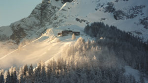 View to the Purtschellerhaus at the Hoher Göll in winter, Roßfeld panorama route, district Berchtesgaden, Bavaria, Germany View to the Purtschellerhaus at the Hoher Göll in winter, Roßfeld panorama route, district Berchtesgaden, Bavaria, Germany