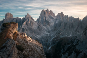 Striking peaks near the Drei Zinnen / Tre Cime in the Dolomites, South Tyrol, Italy in sunset Striking peaks near the Drei Zinnen / Tre Cime in the Dolomites, South Tyrol, Italy in sunset