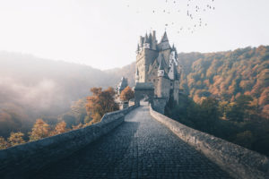 Eltz Castle with a flock of birds and fog in sunrise, autumn, Hunsrück Eltz Castle with a flock of birds and fog in sunrise, autumn, Hunsrück