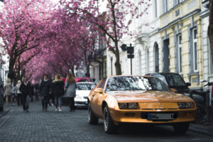 Golden vintage cars parked on the side of the road in Heerstrasse in Bonn while spectators marvel at the cherry blossom Golden vintage cars parked on the side of the road in Heerstrasse in Bonn while spectators marvel at the cherry blossom