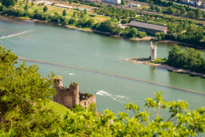 Rossel view of Bingen and Bingerbrück with ruins of Ehrenfels and the Mäuseturm, Rossel view of Bingen and Bingerbrück with ruins of Ehrenfels and the Mäuseturm,