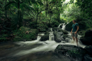 Caribbean island Puerto Rico, rainforest scene in the El Yunque National Park, watercourse, person is standing in the water