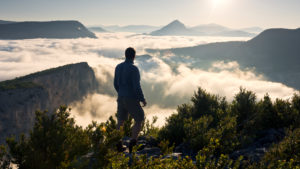 Person in front of the Grand Canyon du Verdon in the French Alps in early morning light, sea of ??fog, atmospheric, picturesque
