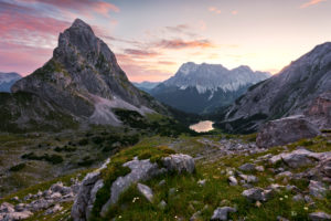 View of the Seebensee with Zugspitze and Sonnenspitze,Wetterstein Mountains,Alps,Tyrol,Austria,Europe