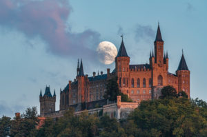 Moon, moonrise, Hohenzollern Castle, Swabian Alb, Baden-Wuerttemberg, Germany, Europe Moon, moonrise, Hohenzollern Castle, Swabian Alb, Baden-Wuerttemberg, Germany, Europe