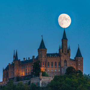 Moon, moonrise, Hohenzollern Castle, Swabian Alb, Baden-Wuerttemberg, Germany, Europe Moon, moonrise, Hohenzollern Castle, Swabian Alb, Baden-Wuerttemberg, Germany, Europe