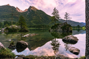 Hintersee, evening, reflections in the water, Ramsau, Berchtesgadener Land, Berchtesgaden, Bavaria, Germany, Europe Hintersee, evening, reflections in the water, Ramsau, Berchtesgadener Land, Berchtesgaden, Bavaria, Germany, Europe