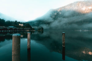 Koenigssee, shipyard of the Bayerischen Seen-Schifffahrt, fog, in the morning, Berchtesgadener Land, Berchtesgaden, Bavaria, Germany, Europe Koenigssee, shipyard of the Bayerischen Seen-Schifffahrt, fog, in the morning, Berchtesgadener Land, Berchtesgaden, Bavaria, Germany, Europe