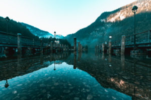 Koenigssee, jetty of the Bavarian lakes shipping, fog, in the morning, Berchtesgadener Land, Berchtesgaden, Bavaria, Germany, Europe Koenigssee, jetty of the Bavarian lakes shipping, fog, in the morning, Berchtesgadener Land, Berchtesgaden, Bavaria, Germany, Europe