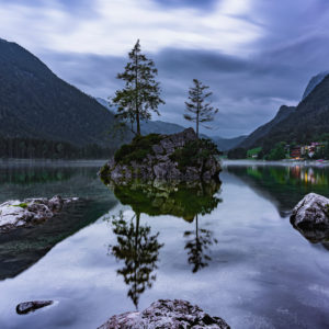 Hintersee, evening, fog, reflections in the water, Ramsau, Berchtesgadener Land, Berchtesgaden, Bavaria, Germany, Europe Hintersee, evening, fog, reflections in the water, Ramsau, Berchtesgadener Land, Berchtesgaden, Bavaria, Germany, Europe