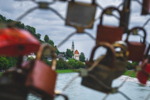 View of the parish of Mülln, from Makartsteg, love locks, Salzburg, Austria, Europe View of the parish of Mülln, from Makartsteg, love locks, Salzburg, Austria, Europe