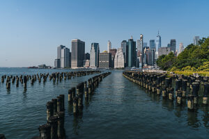 Old Pier 1, Brooklyn, Manhattan skyline, New York City, USA Old Pier 1, Brooklyn, Manhattan skyline, New York City, USA