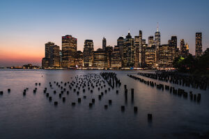 Old Pier 1, Brooklyn, Manhattan skyline, New York City, USA, sunset Old Pier 1, Brooklyn, Manhattan skyline, New York City, USA, sunset